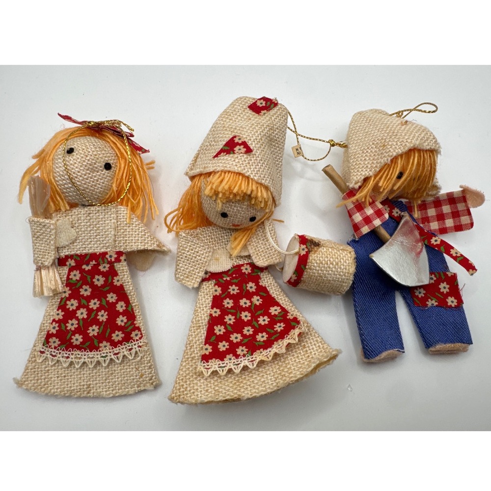 Vintage Burlap Doll Ornaments Set of 3 Folk Art Made in Japan Red Floral Denim